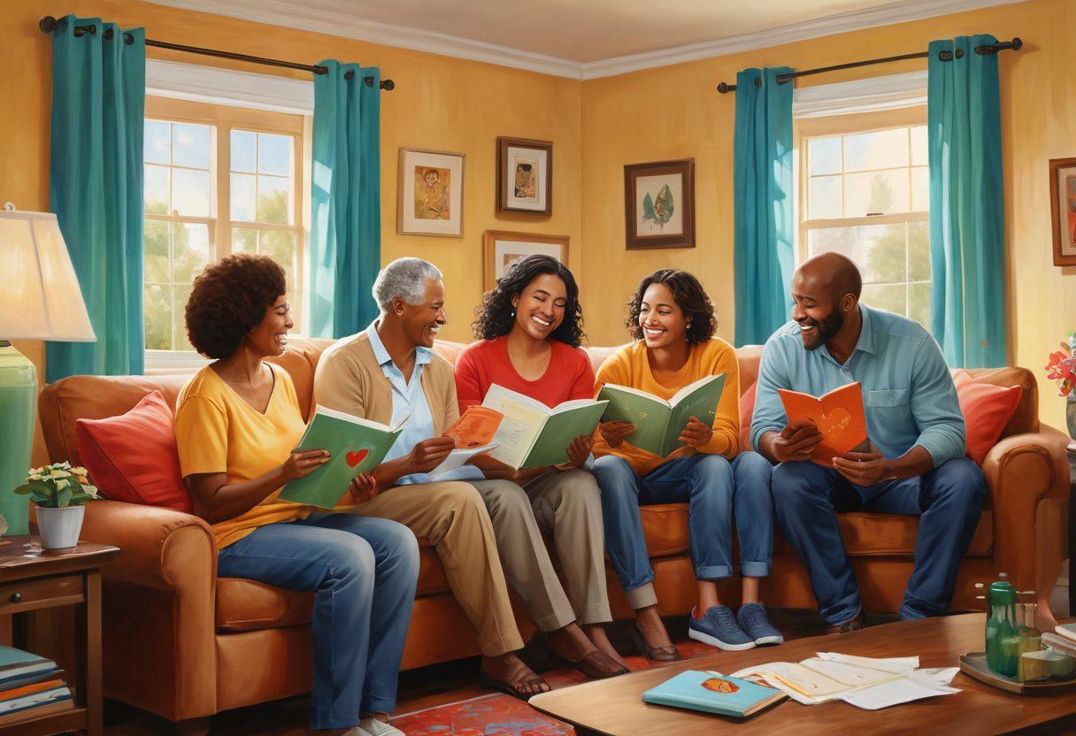 A warm family scene depicting diverse family members sharing joyful moments, surrounded by symbols of protection like shields and hearts. In the background, a cozy home environment represents nurturing care, while insurance documents and supportive hands blend into the atmosphere. Soft lighting enhances the feeling of safety and trust. vibrant colors. painting.