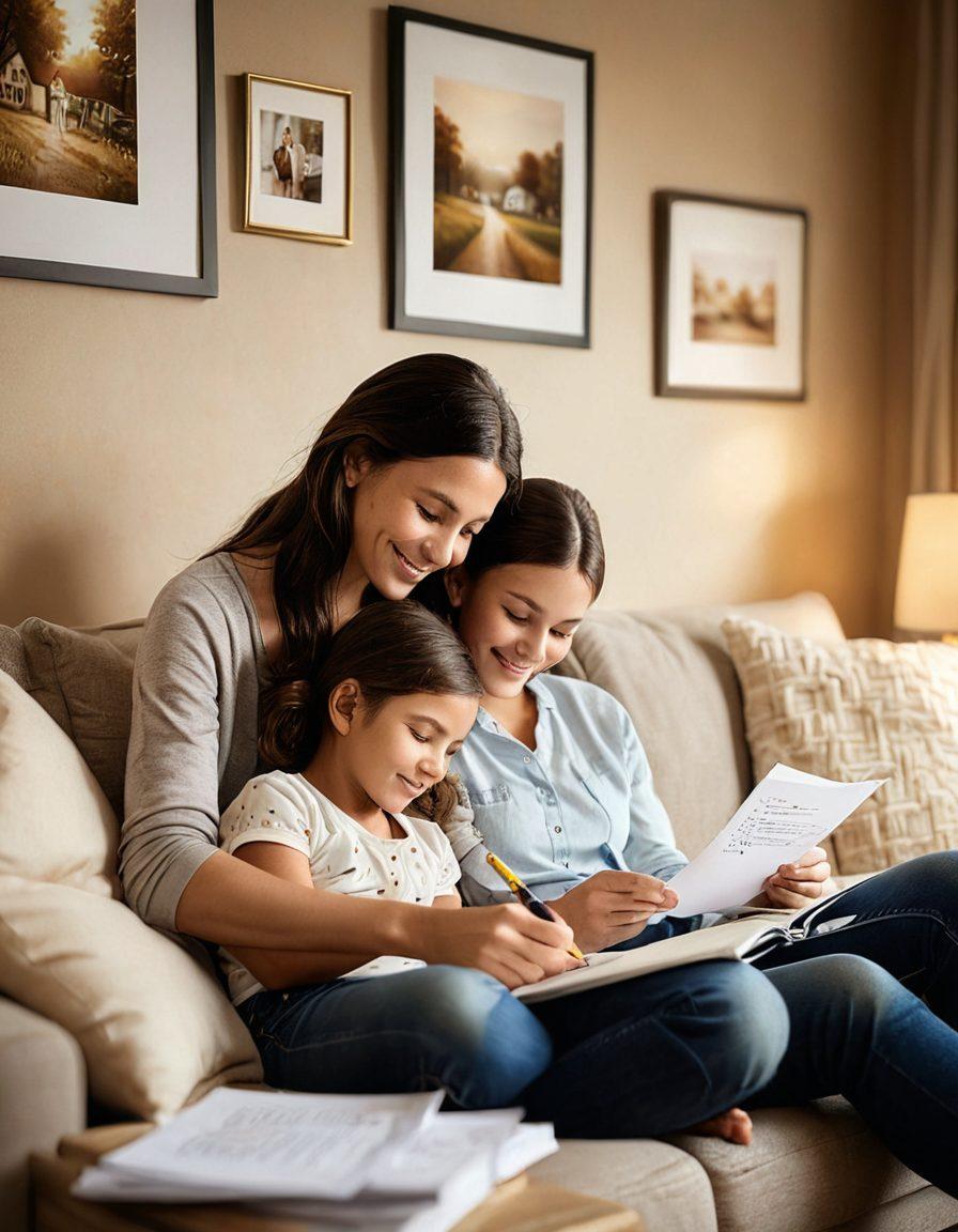 A warm and inviting scene of a parent and child sitting together in a cozy living room, surrounded by family photos and soft lighting, showcasing their emotional bond. The parent is holding a clipboard with insurance documents while the child is playfully drawing on a notebook. The atmosphere is filled with love, warmth, and a sense of security, symbolizing the balance between emotional support and financial planning. soft focus. warm tones. super-realistic.
