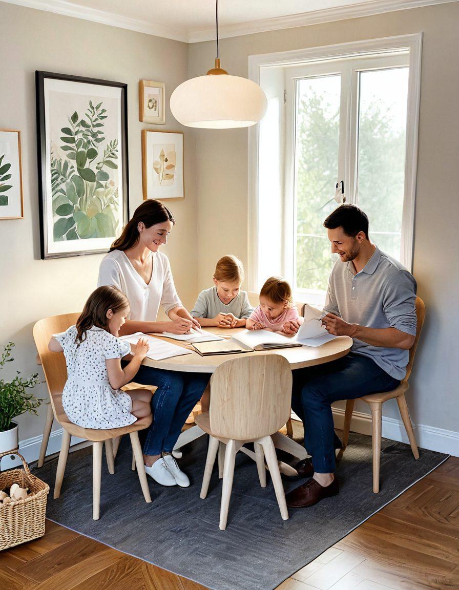 A cozy family scene featuring happy parents and kids gathered around a table with insurance documents, surrounded by playful toys and a warm atmosphere. Illustrated with soft pastel colors to convey safety and love, with subtle heart motifs in the background. The setting includes a nurturing home environment that expresses care and togetherness. minimalistic style. soft colors. warm lighting.
